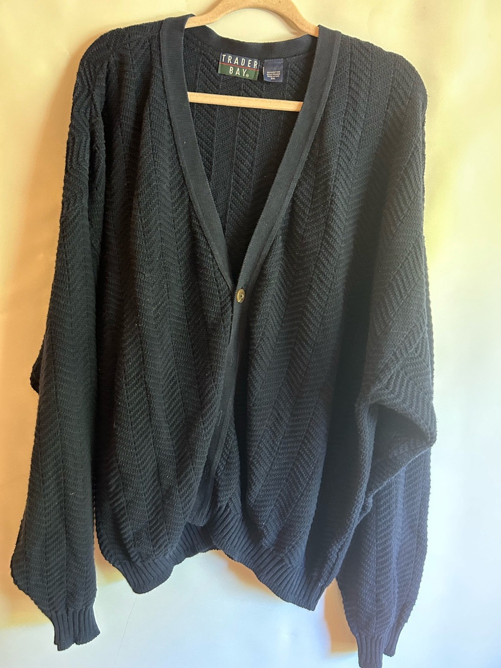 TRADER BAY VINTAGE 100% COTTON GRANDPA 2XL NAVY CARDIGAN USA MADE CABLE KNIT